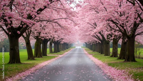 Tranquil country lane with cherry blossoms petals covering road