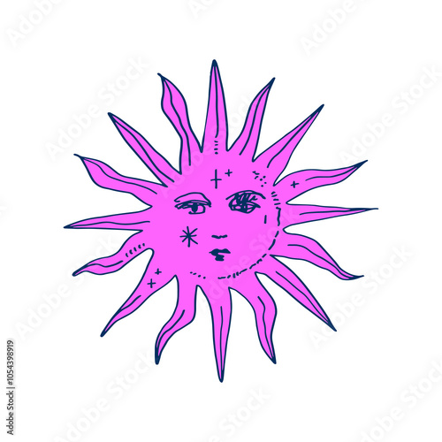 Space Vintage sun astrology and astronomy 90s style doodle stellar character concept. Hand-drawn antique design element, sticker, clip-art and more. of stylish freaky cool funny doodle stellar