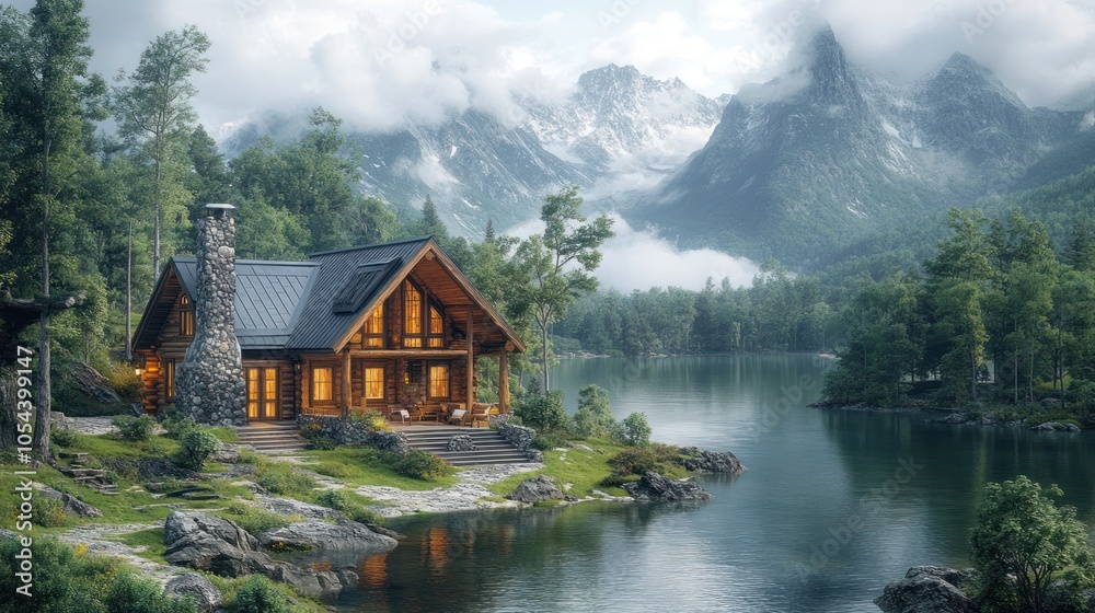 Fototapeta premium Secluded Log Cabin by a Tranquil Lake with Mountain Views