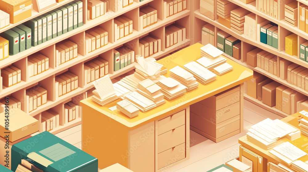 Mail sorting room with naughty and nice list database, illustration art Mail sorting room with naughty and nice list database, illustration art