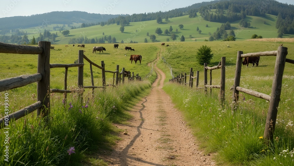 Rustic path through pasture with grazing cows and wildflowers Rustic path through pasture with grazing cows and wildflowers