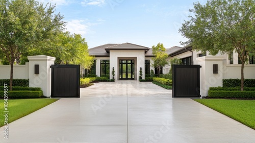 Elegant modern house with a spacious yard and inviting entrance in a serene suburban neighborhood