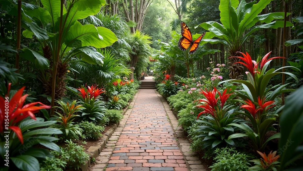 Serene brick path through lush colorful garden butterflies fluttering among exotic flowers
