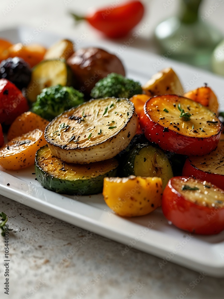 Gourmet roasted vegetables on a white plate. Gourmet roasted vegetables on a white plate.