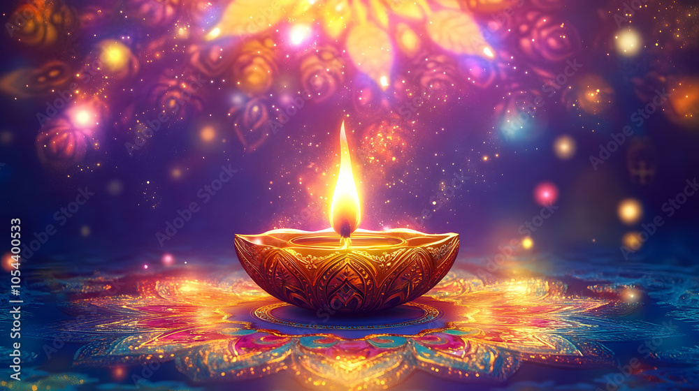 Happy Diwali vector illustration featuring a vibrant design template with a decorative lamp, golden lights, and a colorful mandala background, perfect for celebrating the festival of lights Happy Diwali vector illustration featuring a vibrant design template with a decorative lamp, golden lights, and a colorful mandala background, perfect for celebrating the festival of lights