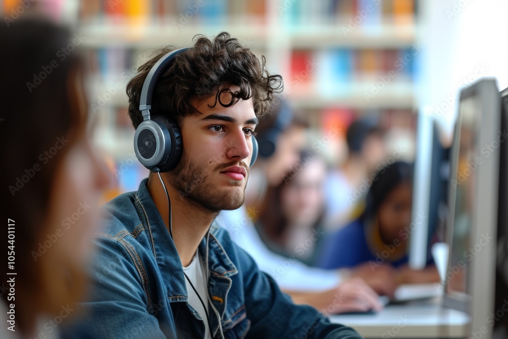 Focused young man wearing headphones while working on a computer in a modern library during daytime Focused young man wearing headphones while working on a computer in a modern library during daytime
