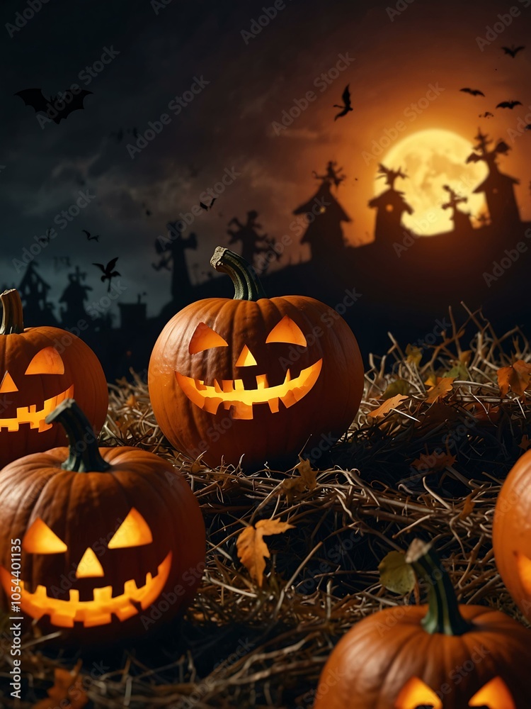 Halloween scene featuring pumpkins and bats. Halloween scene featuring pumpkins and bats.