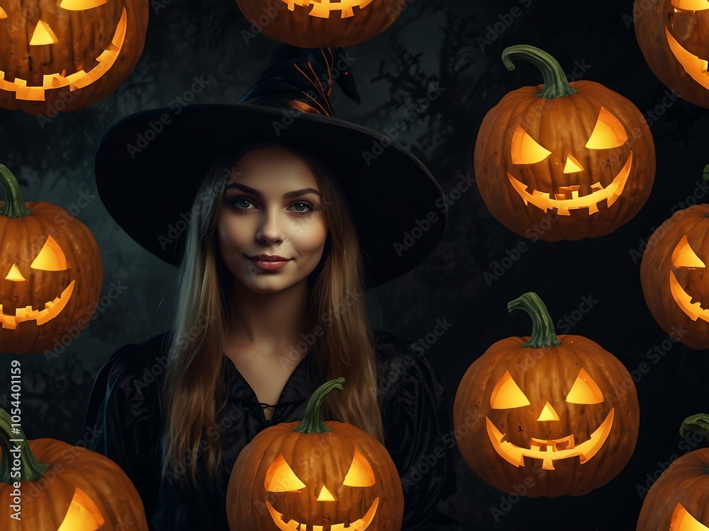 Halloween witch with a glowing pumpkin. Halloween witch with a glowing pumpkin.