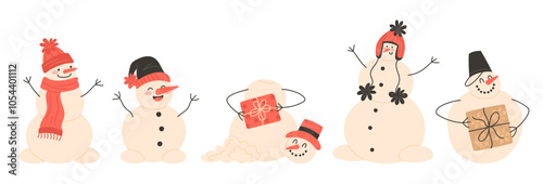 Set of Christmas snowmen in winter hats