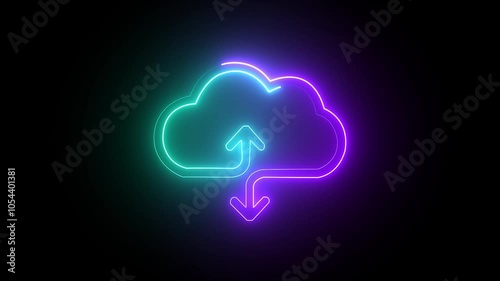 Neon cloud icon animation, flickering emergence and fading. Glowing neon cloud storage with arrows, looped animation. cyan and purple color icon on black background.