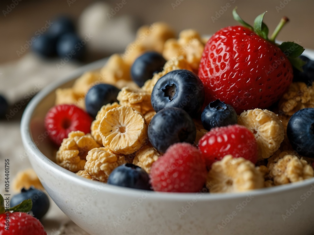 Healthy cereal with blueberries, raspberries, and strawberries in a white bowl. Healthy cereal with blueberries, raspberries, and strawberries in a white bowl.
