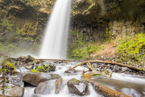 At the bottom of Latourell Falls, cascading water and rocky stream, long exposure photo