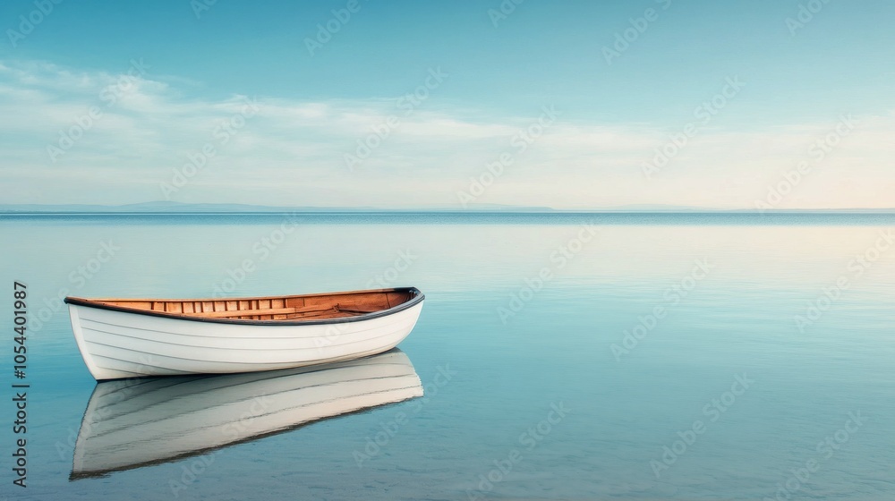 A solitary fishing boat floating on calm waters at dawn A solitary fishing boat floating on calm waters at dawn