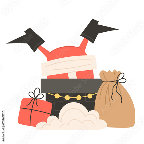 Santa Claus stuck in the chimney delivering gifts for Christmas