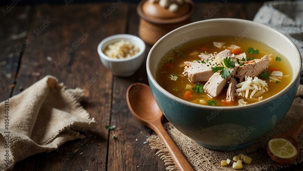 Hot chicken soup with ginger and rice, rustic table, copy space Hot chicken soup with ginger and rice, rustic table, copy space