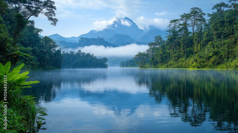 Serene lake surrounded by lush mountains and misty clouds, reflecting nature's beauty. Serene lake surrounded by lush mountains and misty clouds, reflecting nature's beauty.