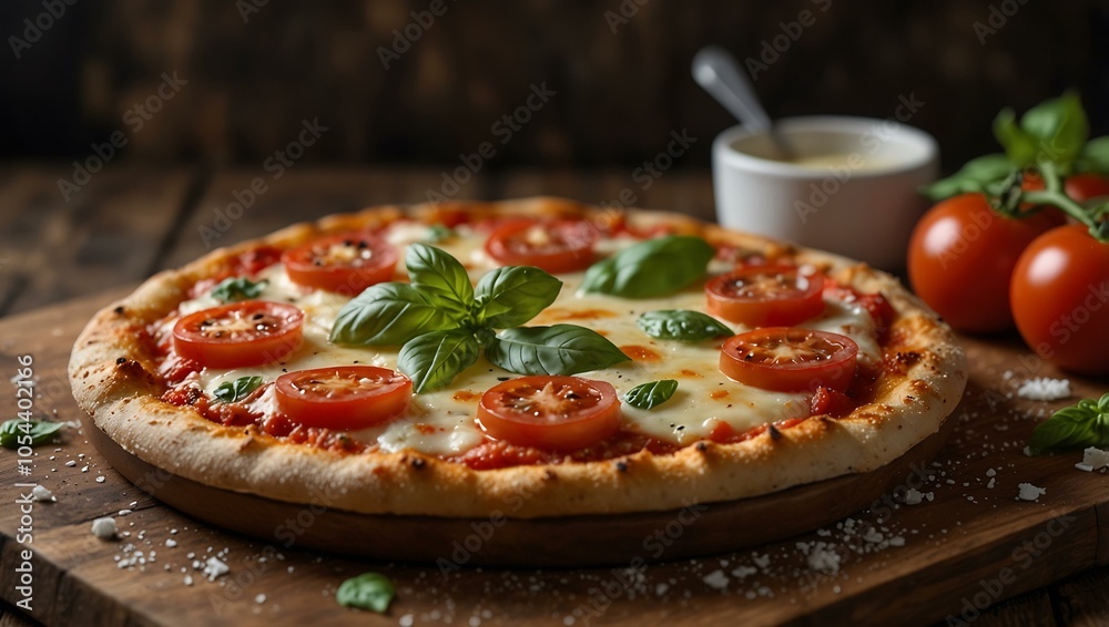 Hot margherita pizza with tomatoes and cheese on a wooden plate. Hot margherita pizza with tomatoes and cheese on a wooden plate.