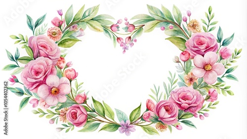 watercolor circle wreath pink flowers heart white background