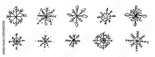 Set of hand drawn doodle snowflakes icons. New year and winter simple symbol, cute snowflake for print, web, design, decoration, logo or mobile app. Naive vector illustrations