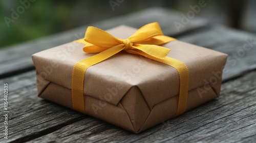 A neatly wrapped gift box with a yellow ribbon on a rustic wooden table outdoors