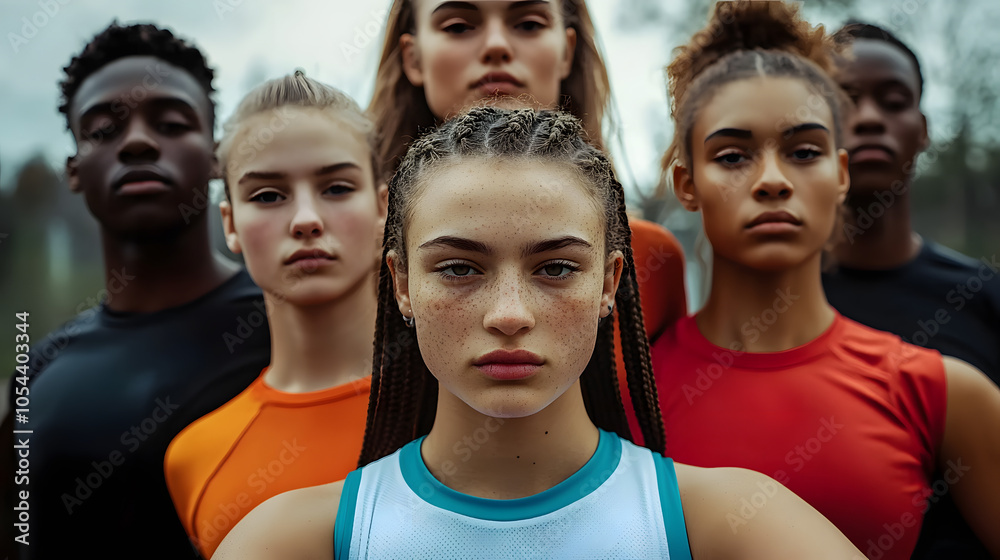 Portrait of a diverse group of young athletes posing together outdoors,showcasing a united and inclusive sports team with confidence,camaraderie,and a shared sense of community. Portrait of a diverse group of young athletes posing together outdoors,showcasing a united and inclusive sports team with confidence,camaraderie,and a shared sense of community.