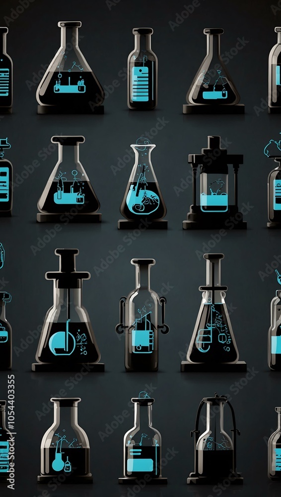 Lab equipment icon set in silhouette, vector design. Lab equipment icon set in silhouette, vector design.