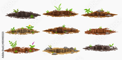 Ground holes, deep dirty pits and burrows. Cartoon vector holes in ground soil, land or earth dirt with big cracks, green grass, plants and flowers, mud and rocks. Garden animal burrow tunnels or gaps