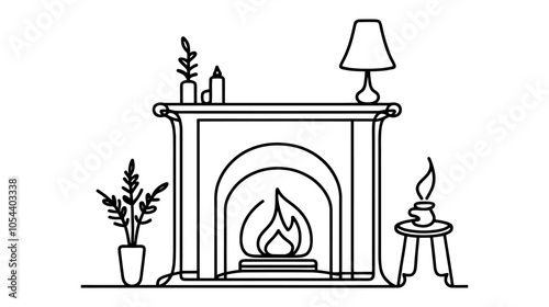 One continuous line illustration of a Christmas fireplace, isolated on white background.