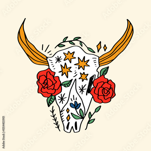Boho floral flower boho hippie groovy bull skull sketch illustration. Digital sticker, wild west cartoon doodles, tribal bohemian vintage retro style decor. Unique vector clipart design. Mexico Sacred