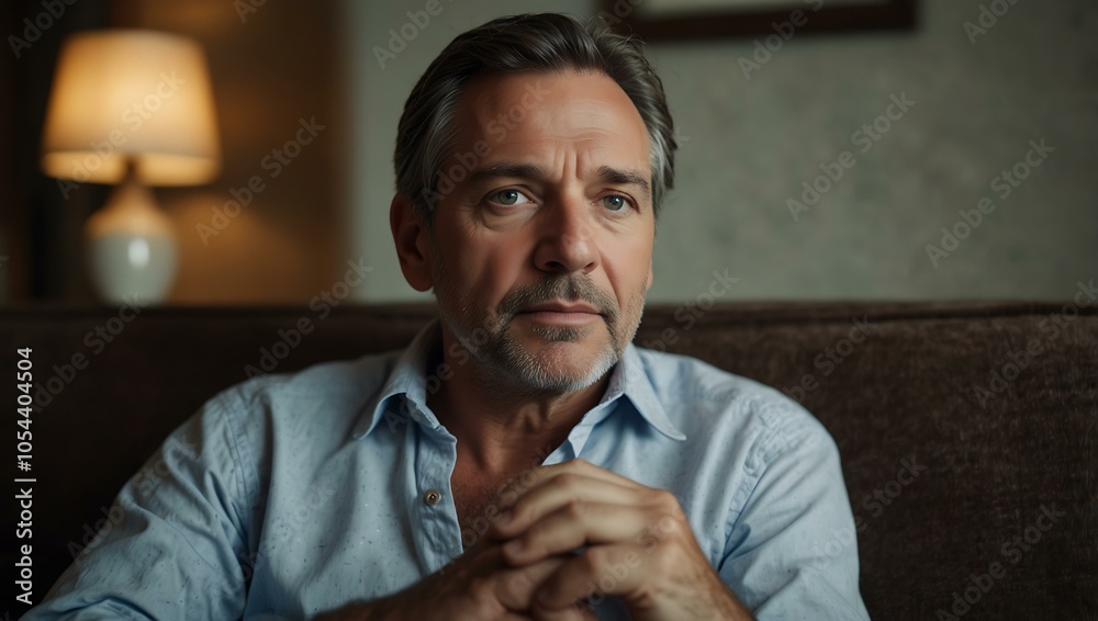 Man in his 50s looking thoughtful on a sofa Man in his 50s looking thoughtful on a sofa