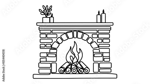 One continuous line illustration of a Christmas fireplace, isolated on white background.