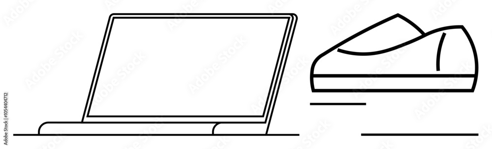 Laptop beside a computer mouse. Ideal for technology, work from home, online learning, digital communication, office environments, graphic design, productivity concepts. Line metaphor Laptop beside a computer mouse. Ideal for technology, work from home, online learning, digital communication, office environments, graphic design, productivity concepts. Line metaphor