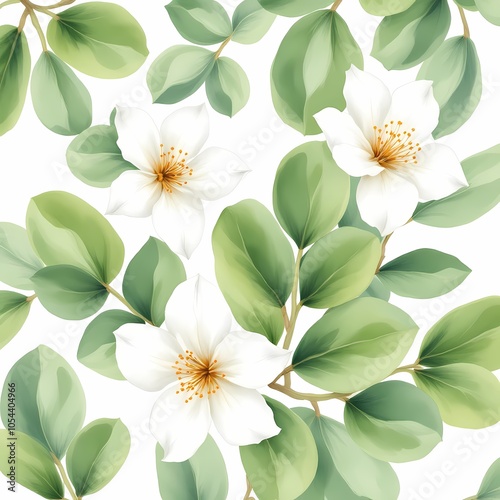 white flower and eucalyptus leaves watercolor illustration