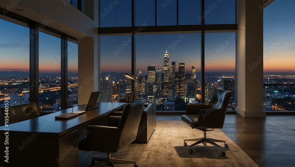 Modern luxury office with sleek furniture and city skyline views at dusk. Modern luxury office with sleek furniture and city skyline views at dusk.