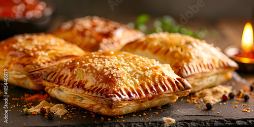 Golden Baked Puff Pastries on Slate with Spices and Herbs
