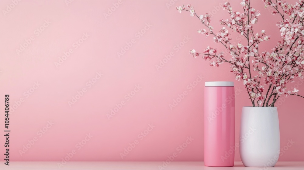 Pink vase and thermos with cherry blossom branches against a pastel background in a modern setting Pink vase and thermos with cherry blossom branches against a pastel background in a modern setting
