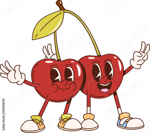 Retro groovy cherry berry twins cartoon characters. Isolated vector couple of fresh and ripe summer hippie berries personages hanging on stem. Comic nostalgic juicy fruits with vintage nostalgic vibes