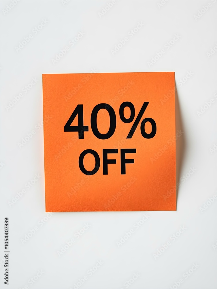 Black '40% OFF' Text on a Orange Square Paper Note. White Background 