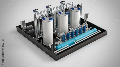 A detailed depiction of a modern industrial filtration system highlighting its multiple filter units, focusing on the efficiency and complexity of modern filtration technology.