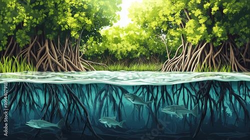 A dense mangrove forest with intertwining roots above and below the water, hosting creatures like crabs, fish, and birds nesting in the branches. Mangrove Swamp. Illustration photo