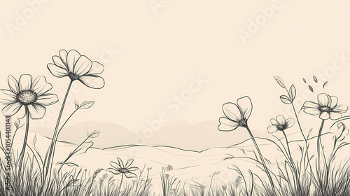 A doodle sketch style wild floral element in nature spring background. field, grass flower outline modern illustration. Wildflower Meadow. Illustration