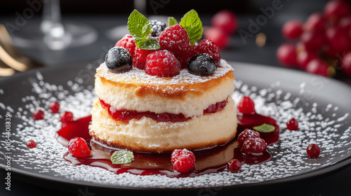 Souffle cake with raspberries and blueberries garnished with mint on a black plate with copy space