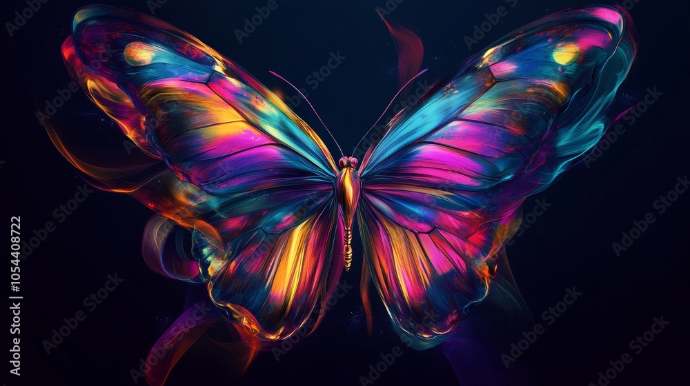 Obraz premium This abstract style image showcases a vividly colored butterfly with illuminated wings, emphasizing the play of light and shadow on a textured, black background.