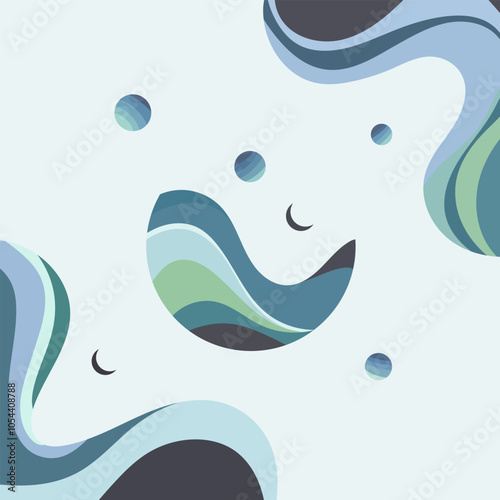 An abstract composition with wiggling forms and spheres that resemble a cosmic landscape. Blue and green shades create a calm and harmonious effect.