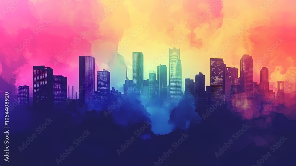 A city skyline emerges from a colorful mist during sunset, blending various hues in the sky for an ethereal, dreamlike ambiance ideal for modern art inspiration. A city skyline emerges from a colorful mist during sunset, blending various hues in the sky for an ethereal, dreamlike ambiance ideal for modern art inspiration.