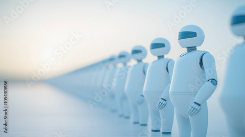 Futuristic white robots lined up with focus on one face, representing artificial intelligence, technology, and innovation in modern design photo