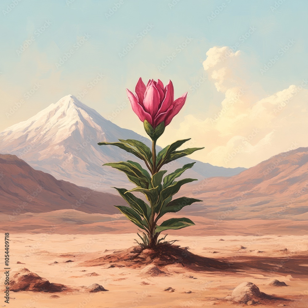 A vibrant pink flower grows in a barren landscape with mountains in the background. A vibrant pink flower grows in a barren landscape with mountains in the background.