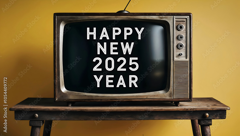Old vintage tv with text Happy new 2025 year, festive template, retro, television, antique