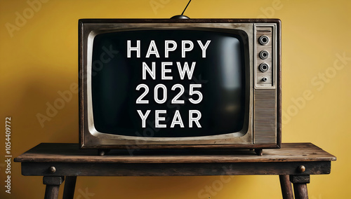 Obraz na płótnie Old vintage tv with text Happy new 2025 year, festive template, retro, television, antique w salonie