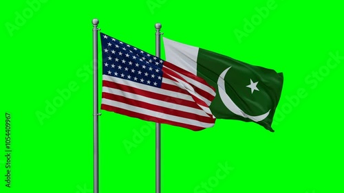 Pakistan and USA flags flying together, video concept of the relationship with colored chroma key for easy background remove